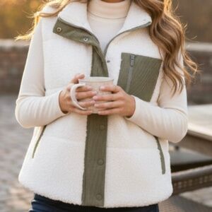 Faux Fur Vest - Ivory & Olive Green - Staccato